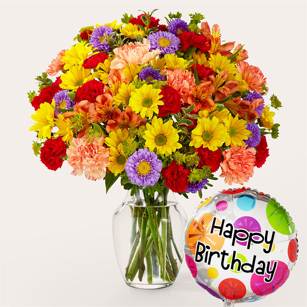 Kaleidoscope Bouquet with Birthday Balloon – The Rose Shop, Kerrville TX