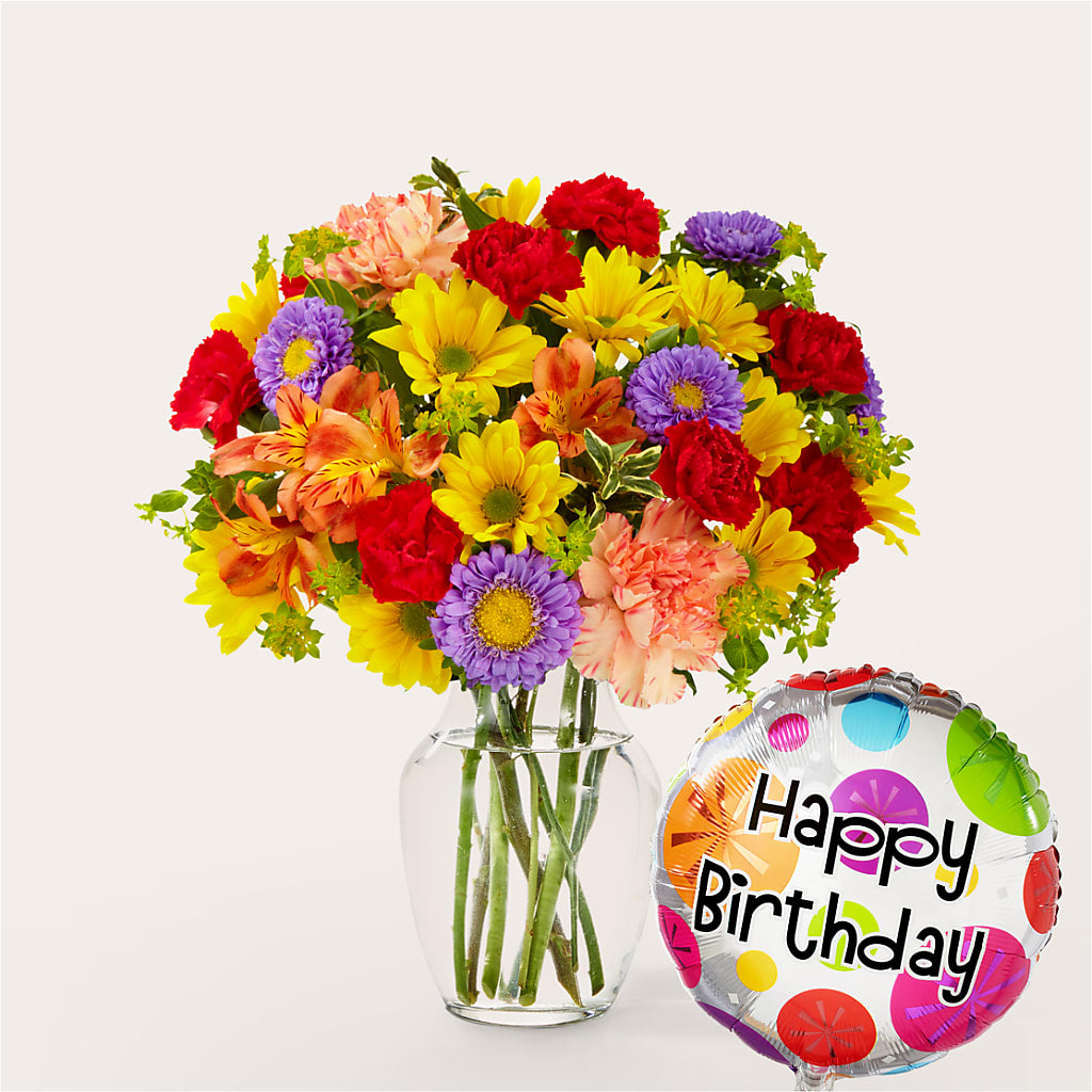 Kaleidoscope Bouquet with Birthday Balloon – The Rose Shop, Kerrville TX