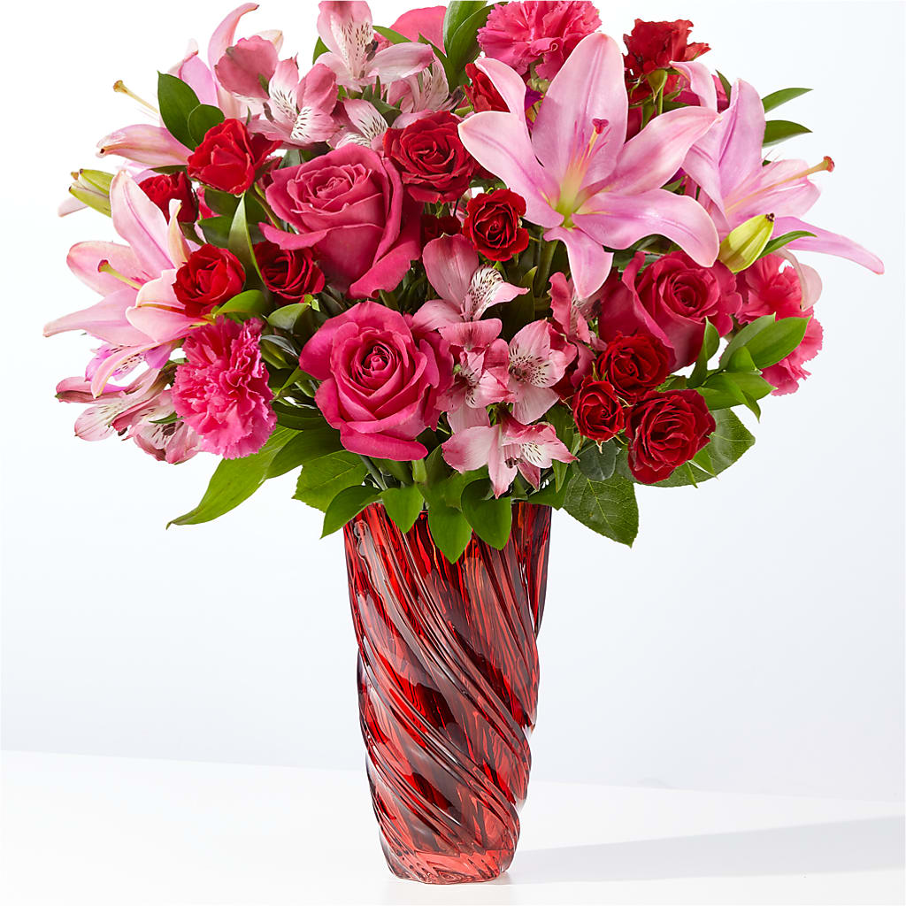 In Love Bouquet with Luxe Swirl Vase – The Rose Shop, Kerrville TX