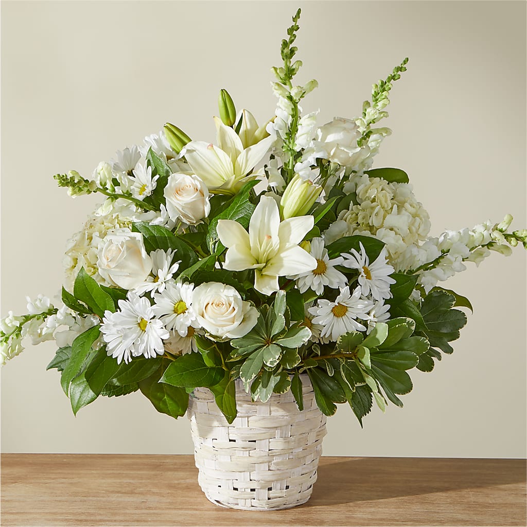 Ivory Elegance Floral Basket – The Rose Shop, Kerrville TX