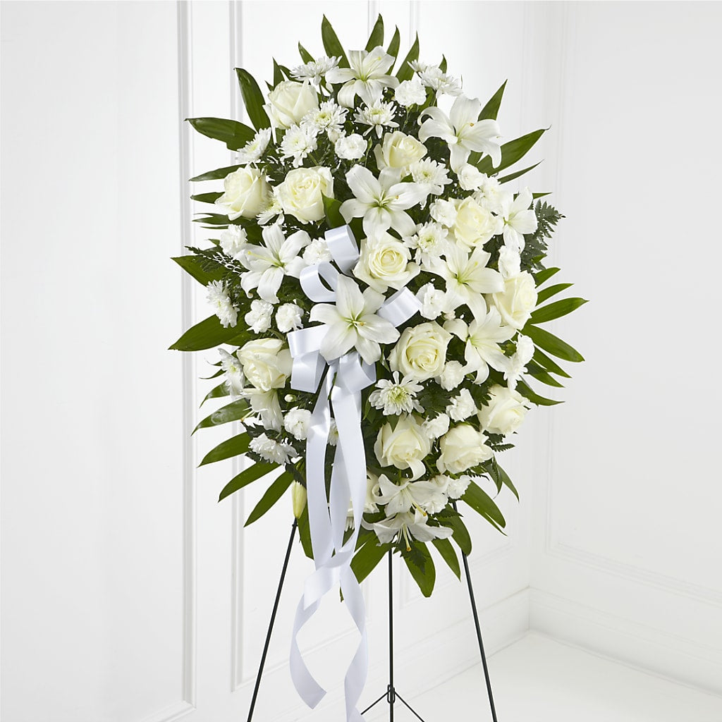 Exquisite Tribute Standing Spray-White Ribbon – The Rose Shop, Kerrville TX