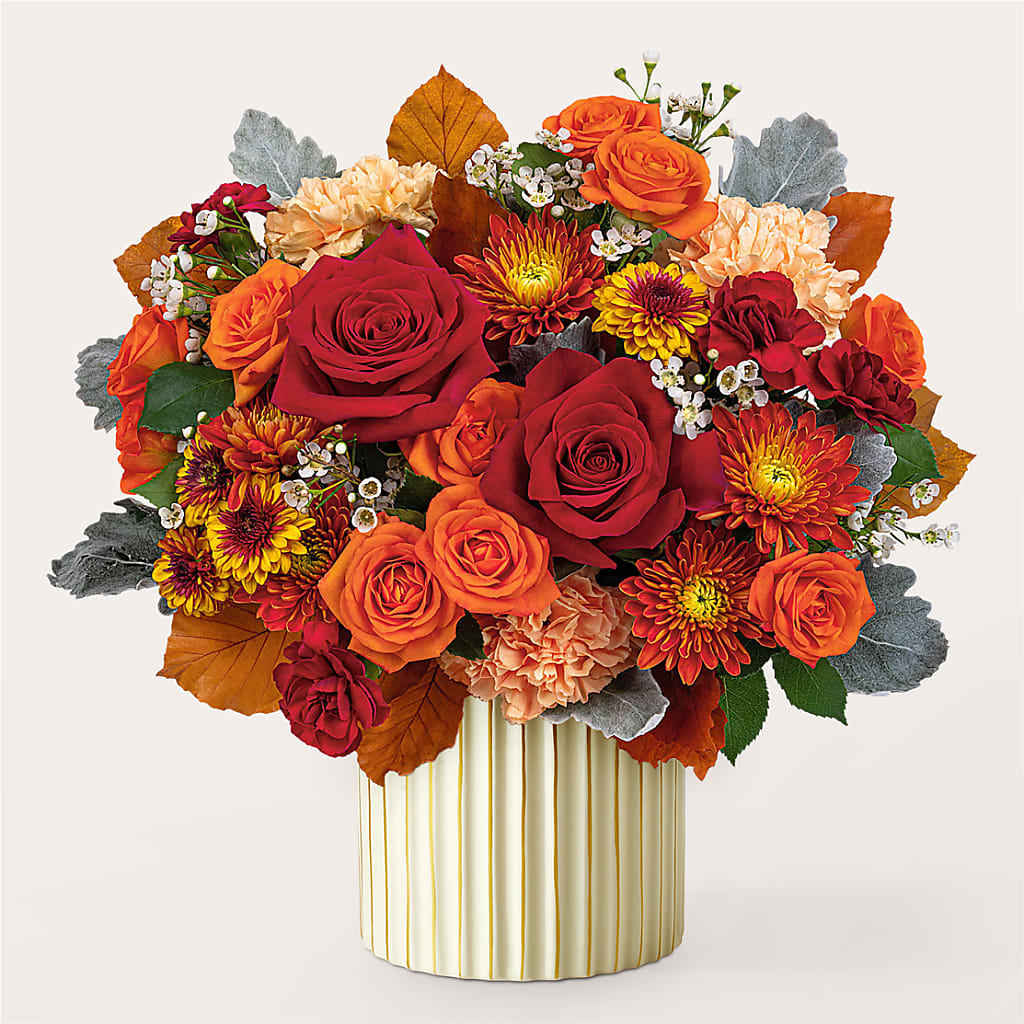Merlot Bouquet with Ivory Vase –  The Rose Shop, Kerrville TX